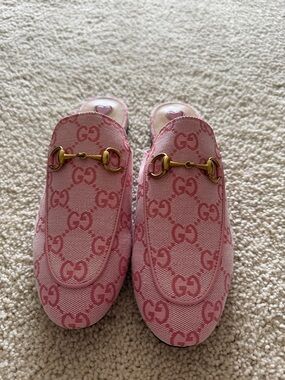 Gucci Pink GG Canvas Women’s Horsebit Slippers
